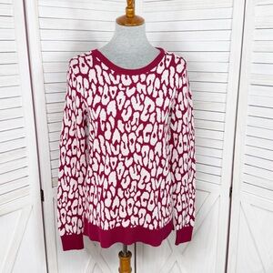 Loft Cheetah Print Crew Neck Cotton Sweater Red White Small